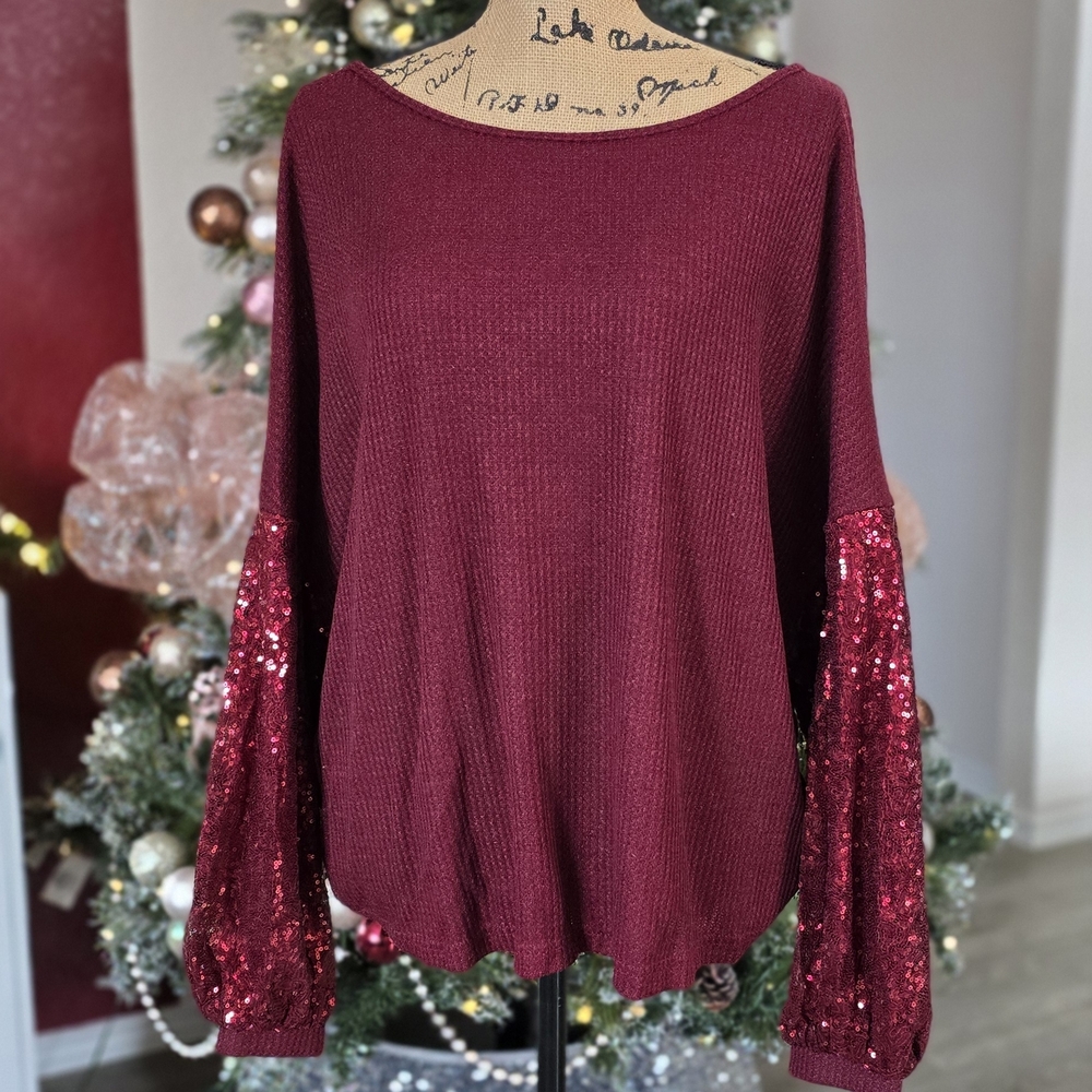 Burgundy Sweater with Sequin Sleeves